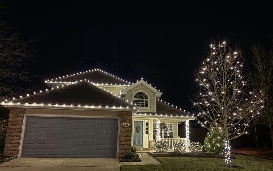 A home with clean roofline lighting beside a tall wrapped tree