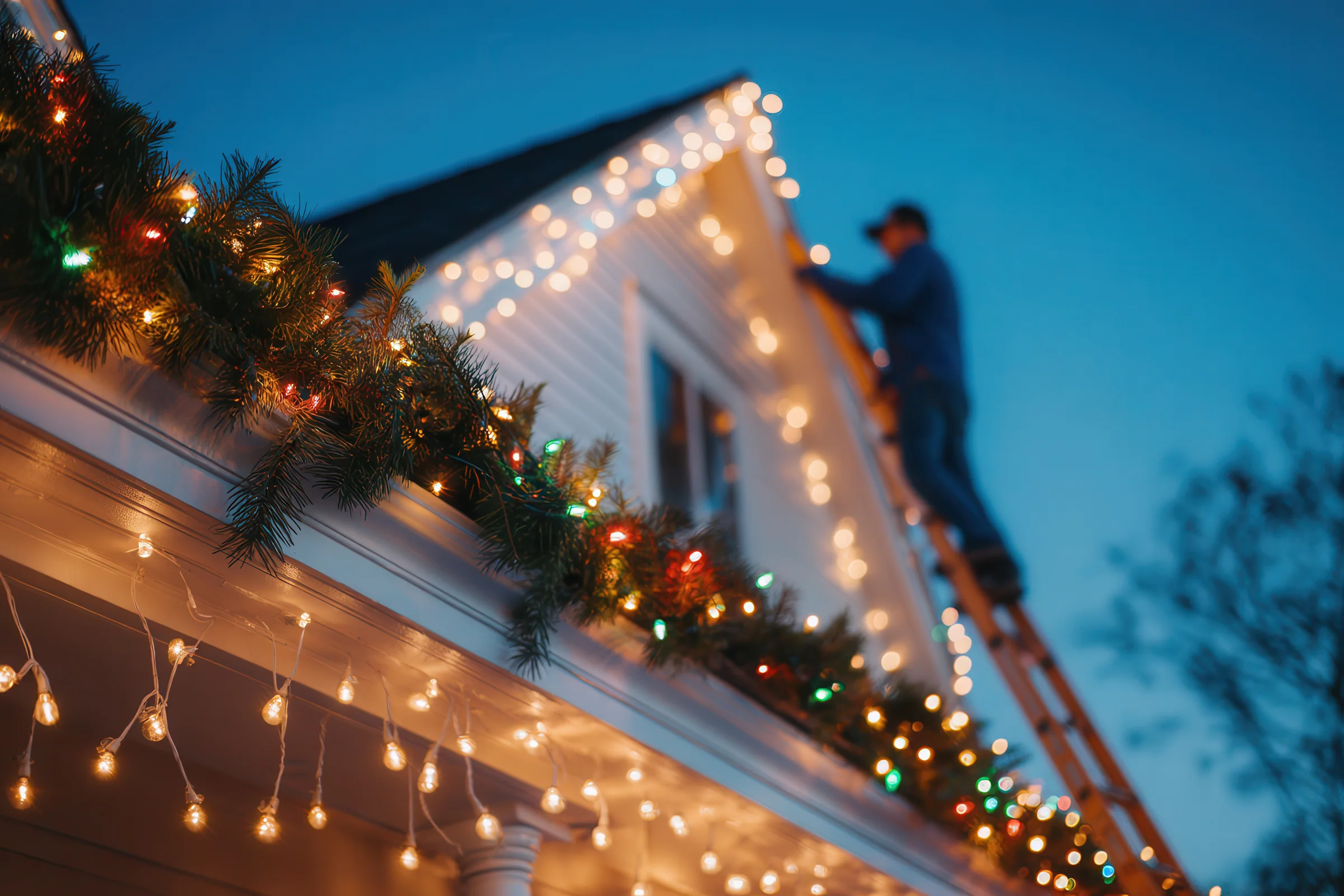 An installer on a ladder at blue hour, hanging lights along an eave already trimmed with lit garland